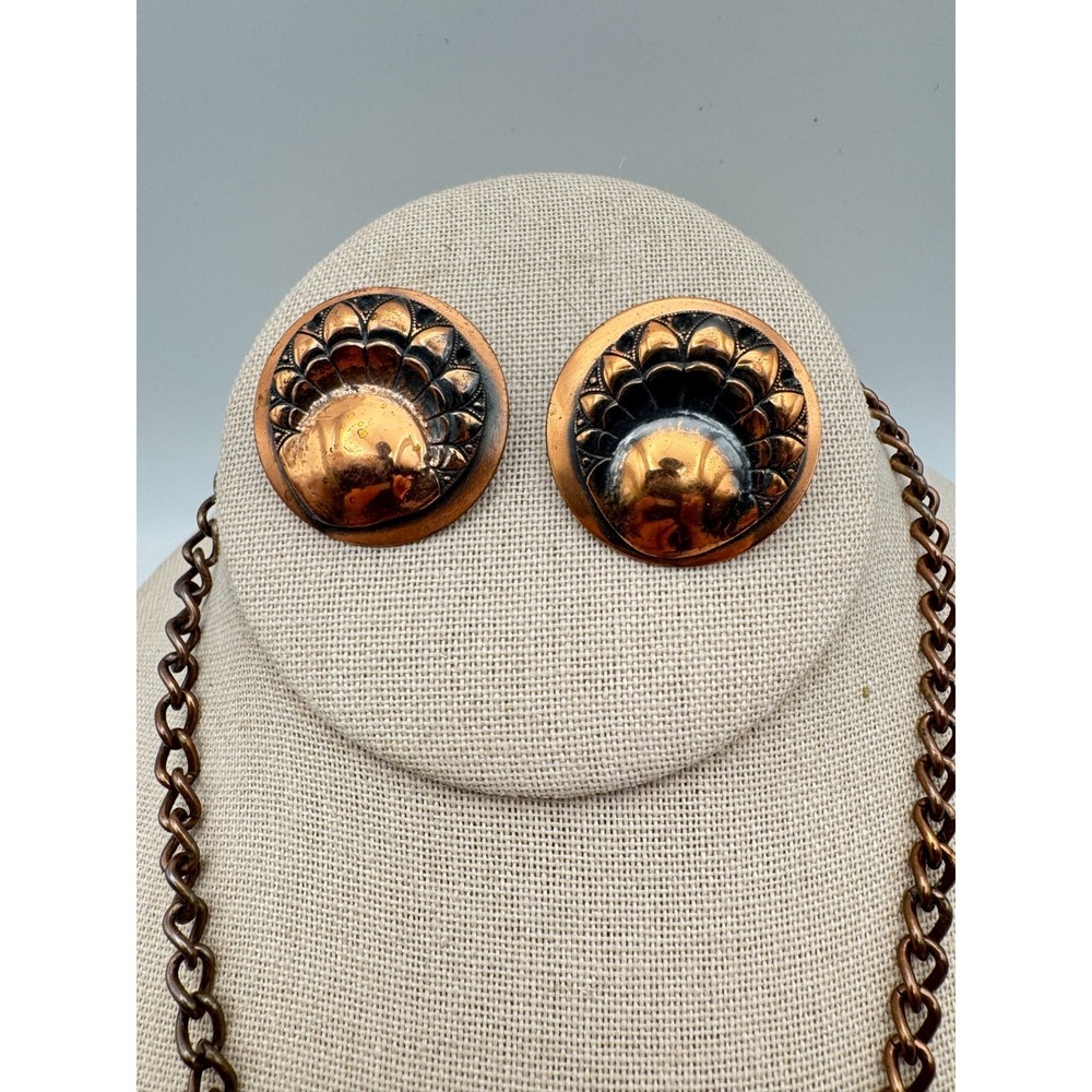 Vintage Copper Necklace Earrings Set 1950s Modernist Sunburst Pendant Flower - Picture 3 of 9